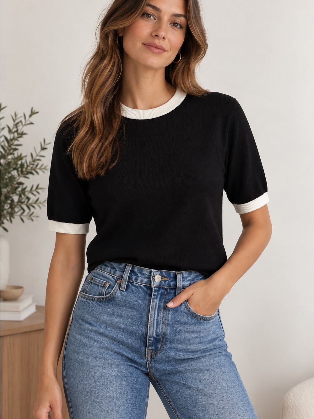 Knit Mix Black Ivory Contrast Trim Knit Top Size L